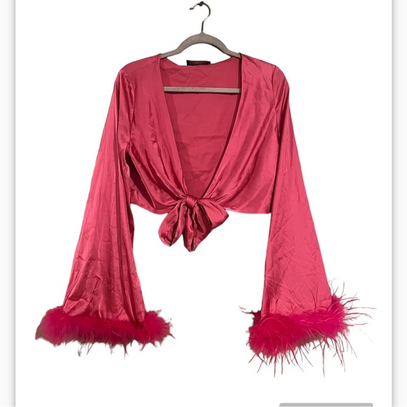 New Whitefox hot pink satin feather sleeve top size L - Picture 2 of 6
